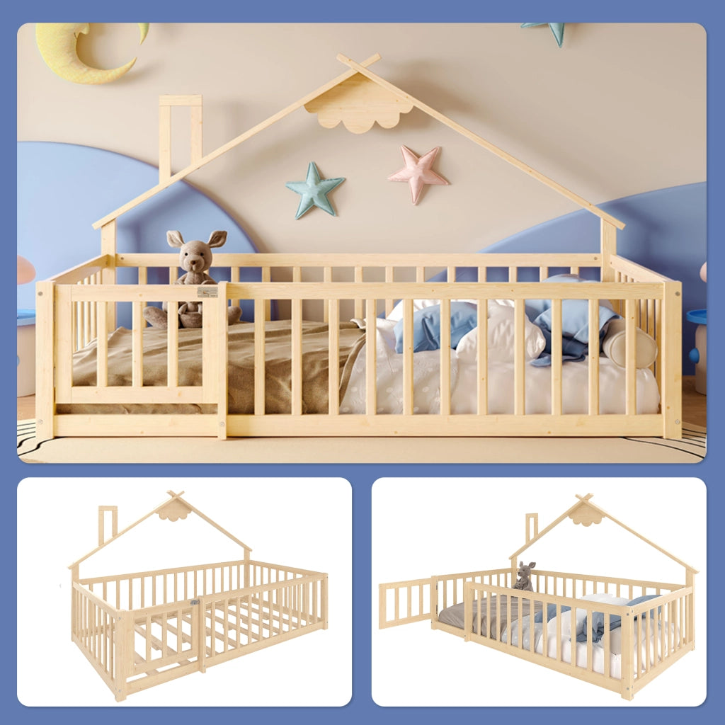 DESMIU Letto casetta letto per bambini 1 posto con barriera di sicurezza, 90 × 190 cm, senza materasso, pino