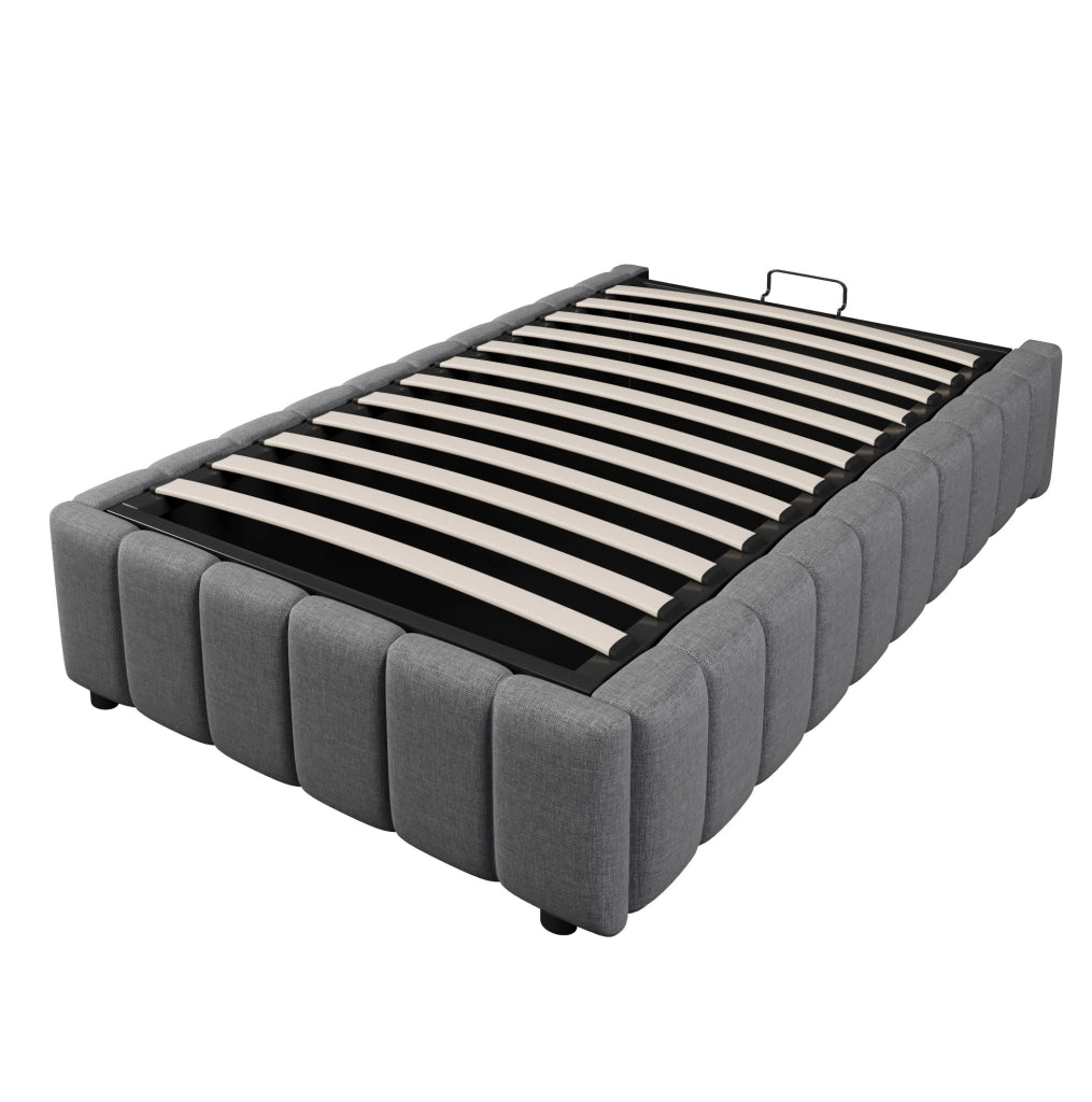 Letto imbottito 90x200 cm in lino con contenitore idraulico; senza testiera; grigio