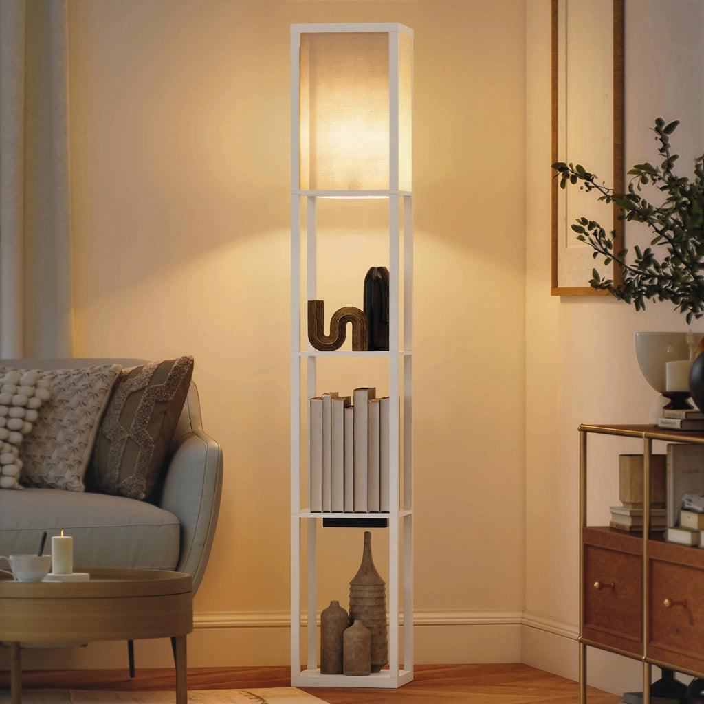 Lampada da Terra con Ripiani, Luce Regolabile, Interruttore a Pedale e Porte USB, Bianco