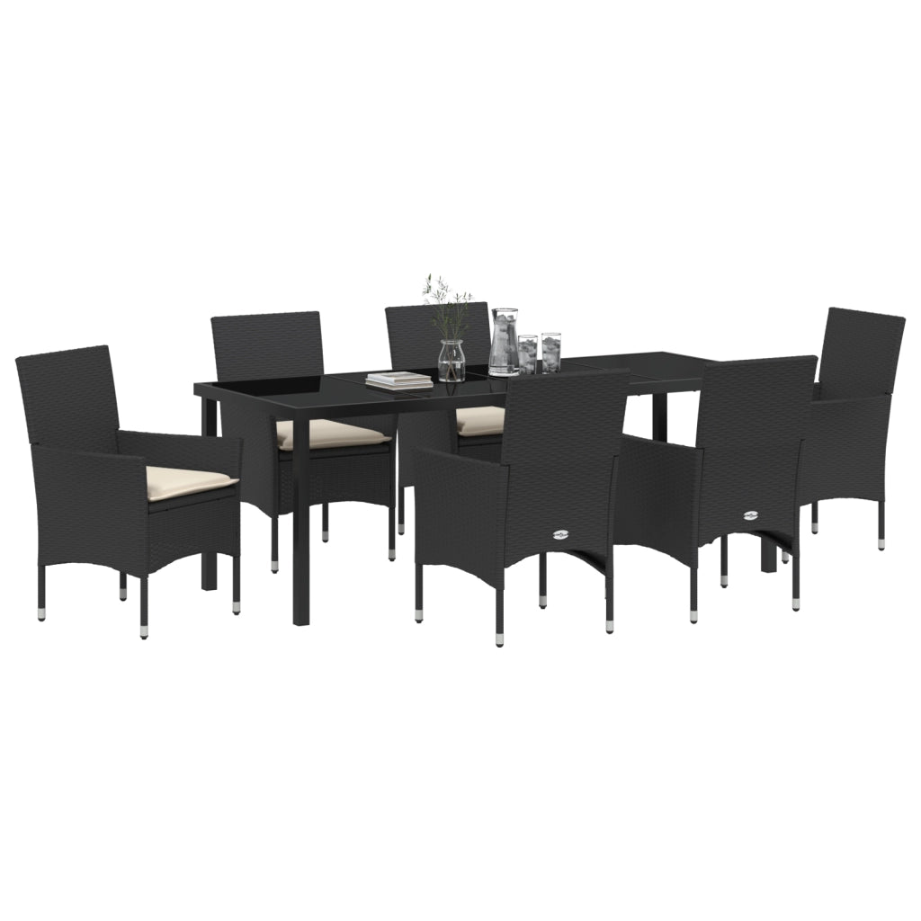 Set da Pranzo da Giardino 7 Pezzi con Cuscini Rattan Poliestere Nero