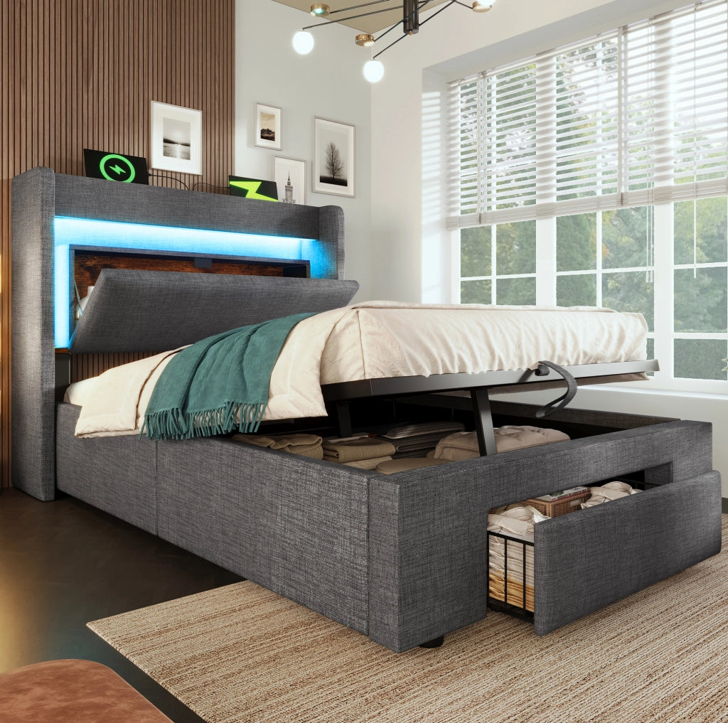 Letto imbottito 90x200 cm con contenitore idraulico; LED; USB/USB-C e materasso; grigio in lino