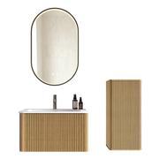 Mobile bagno con lavabo specchio LED e colonna sospesa con ante e vano contenitore per bagno in MDF rovere