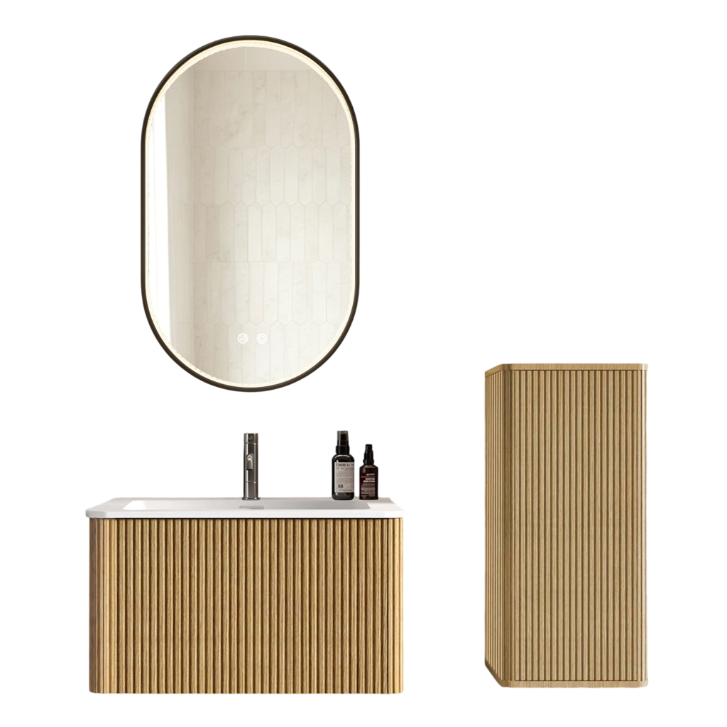 Mobile bagno con lavabo specchio LED e colonna sospesa con ante e vano contenitore per bagno in MDF rovere