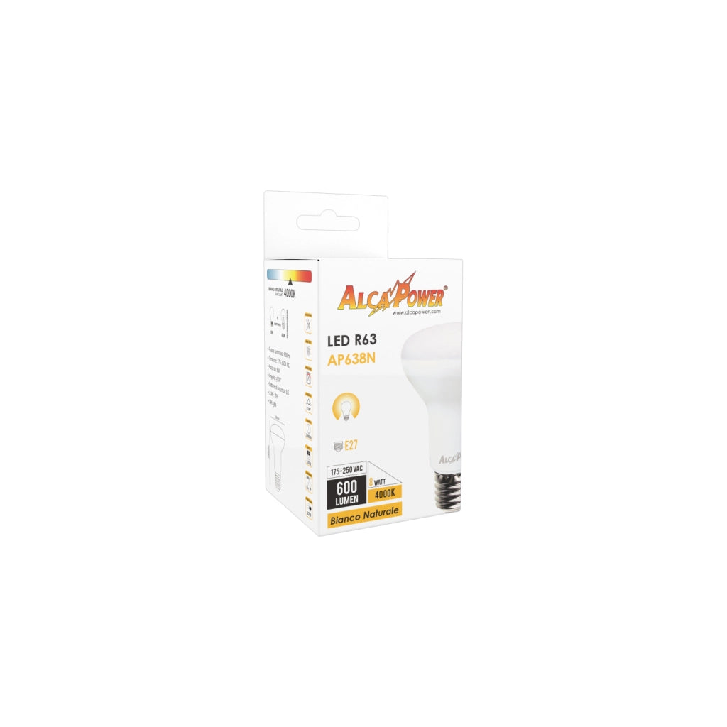 Alcapower Lampadina LED Fungo R63 8W E27 690lm 4000K Luce Naturale, Tensione 175-250V, Angolo 100°, Durata 25000 Ore, Efficienza Energetica F