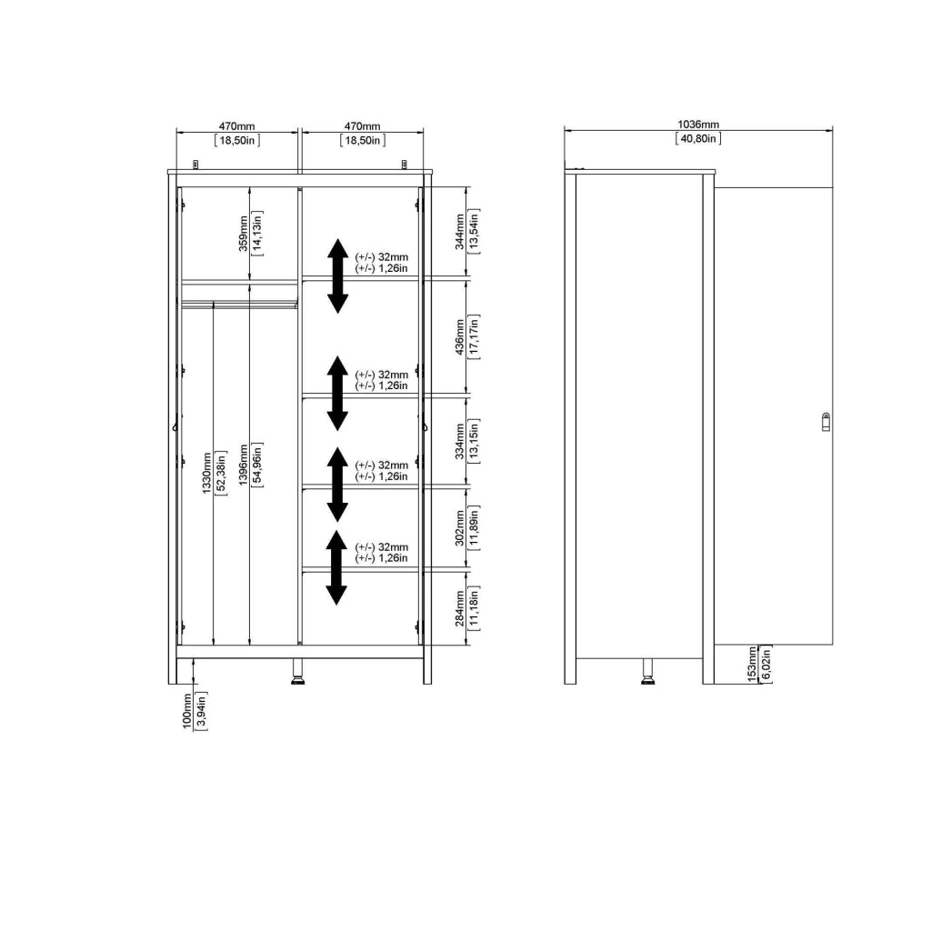 Guardaroba 2 ante Zagabria, Mobile camera da letto, Cabina armadio portabiti, Armadio appendiabiti, 102x58 h199 cm, Nero