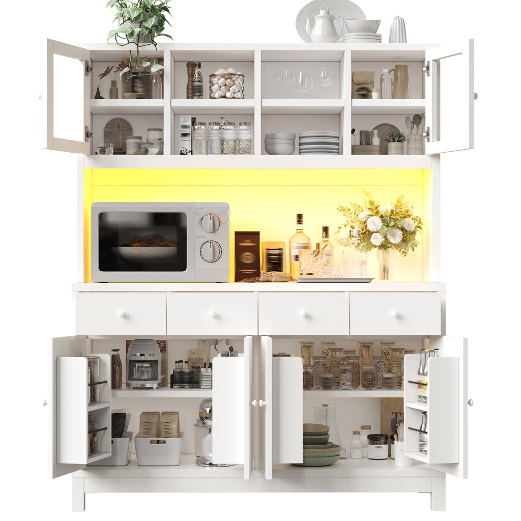 Credenza alta con LED RGB e ante in vetro 4 cassetti ripiani regolabili in MDF bianco 140 × 38,5 × 180 cm