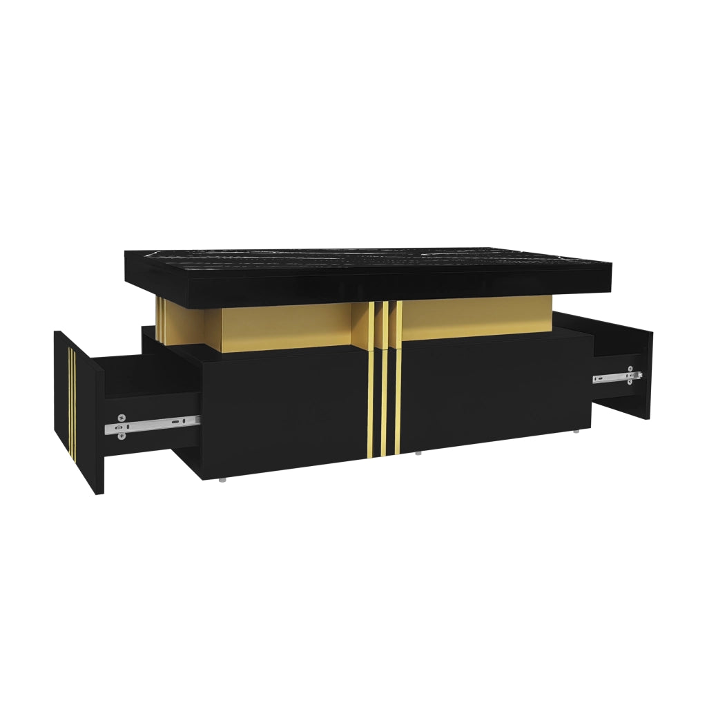 Tavolino da caffè rettangolare con 2 cassetti; piano lucido effetto marmo; lati in metallo oro; nero; 100 × 50 × 40 cm