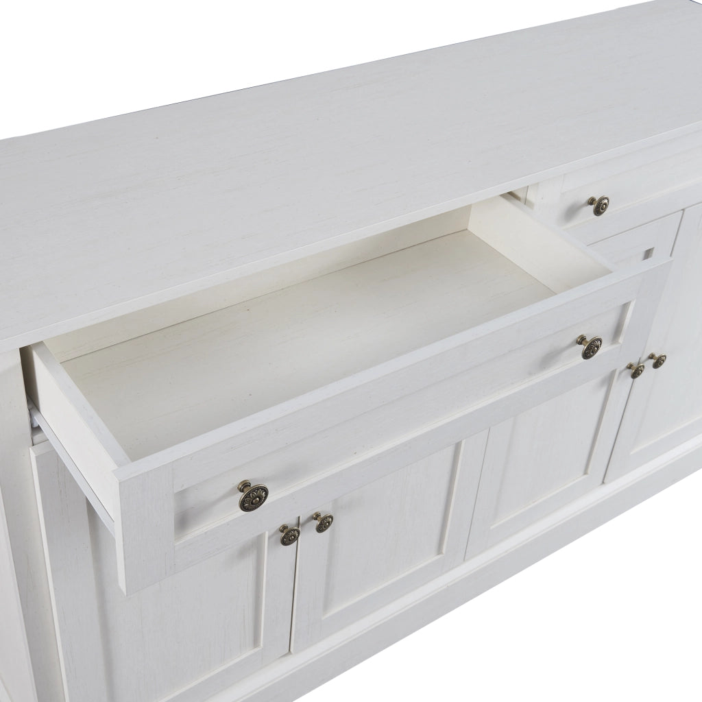 Credenza con 4 ante; 2 cassetti e ripiani regolabili per soggiorno 150×40×86 cm bianco antico