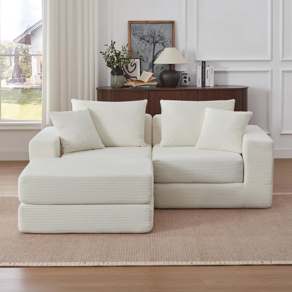 Divano modulare convertibile a 2 posti con schienale e braccioli ampi in velluto a coste bianco 259,5 × 96 × 80 cm