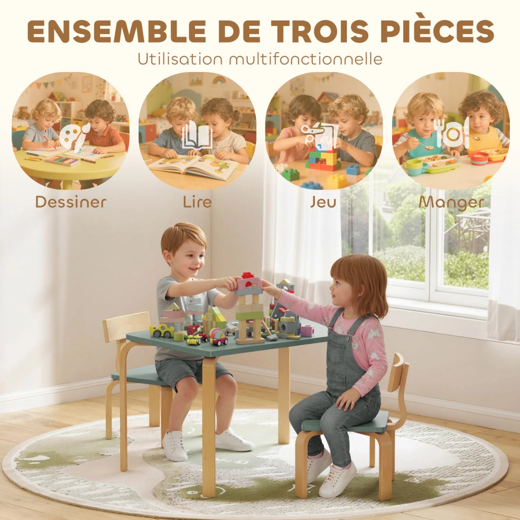 Tavolo bambini con 2 sedie ¨C zephmum ¨C legno, 78x53x53cm, verde