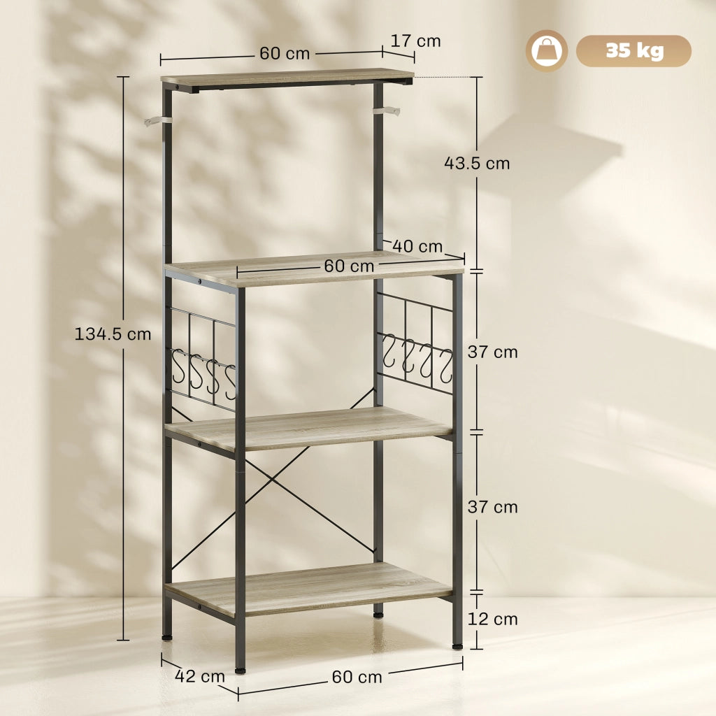 Scaffale Cucina a 4 Livelli con Pannelli a Rete e 8 Ganci Stile Industriale, 60x42x134.5 cm, Rovere