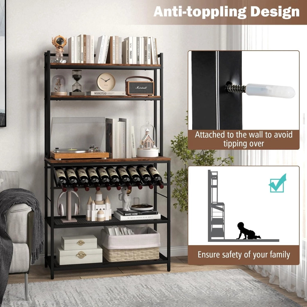 Scaffale portaoggetti industriale a 6 livelli, mobile da cucina con porta bottiglia di vino, dispositivo anti-ribaltamento, supporto per microonde per soggiorno, cucina, sala da pranzo
