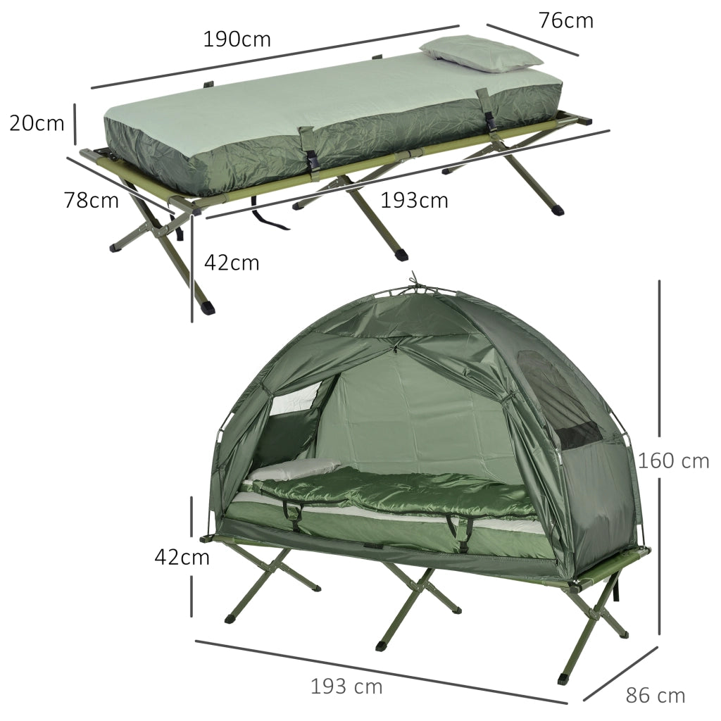 Set da campeggio 4 in 1 con tenda; sacco a pelo; materasso pieghevole verde scuro per avventure all'aperto