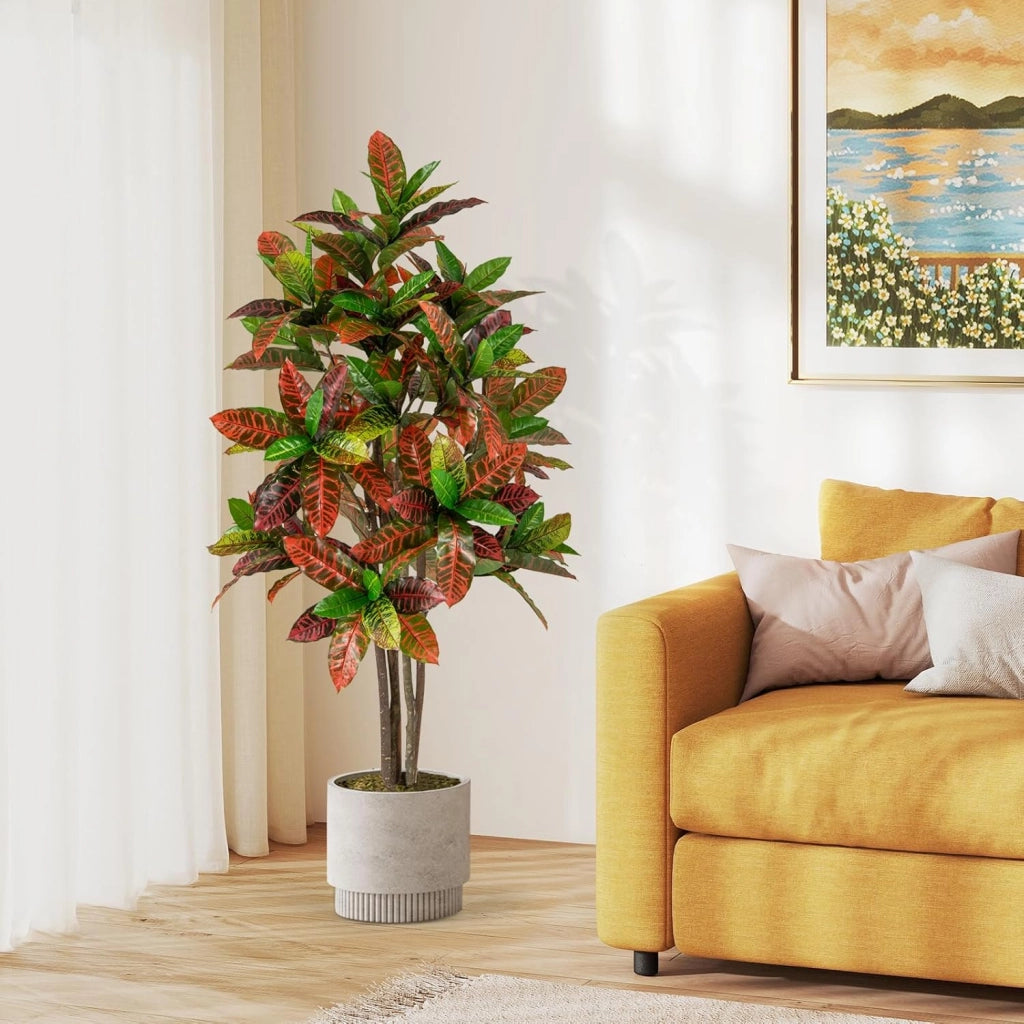 Pianta Finta di Croton 150 cm, Albero Artificiale da Interno ed Esterno, Pianta Tropicale in Vaso con Foglie Sfumate Finte, Ideale per Casa e Ufficio