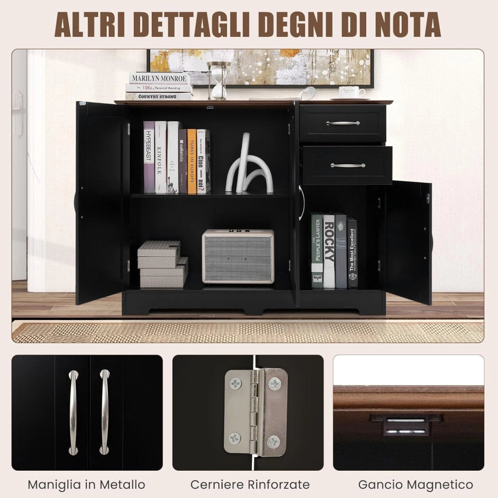 Credenza Buffet, Armadio di Stoccaggio Moderno con 2 Ante e 2 Cassetti, Ripiano Regolabile, per Cucina, Sala da Pranzo, 100 x 40 x 78 cm (Nero)
