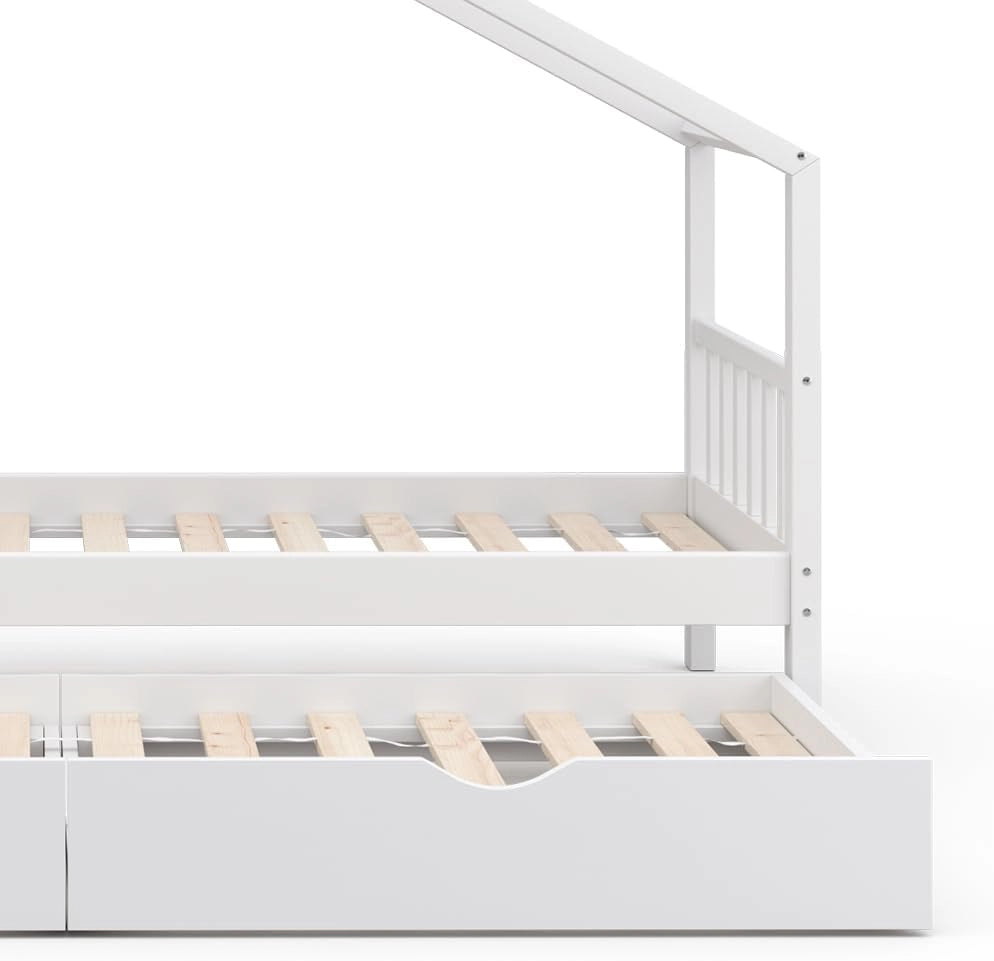 Letto montessori bambini Design, Bianco, 90x200 cm con letto per ospiti, con sponda anticaduta e rete a doghe per un sonno sicuro