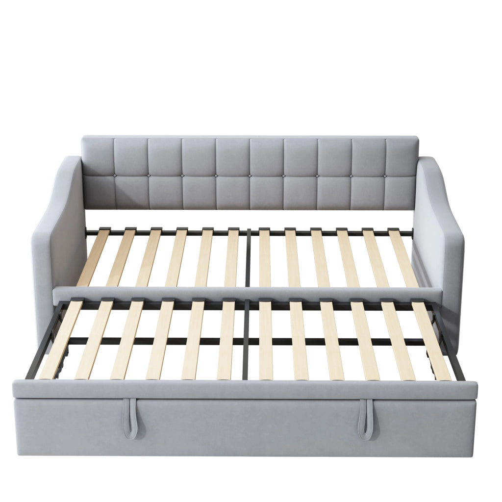 OKWISH Letto Estraibile 90×190 cm, Letto Singolo con 2 Porte USB, Presa e Tasca Portaoggetti, senza Materasso, Velluto, Grigio Chiaro