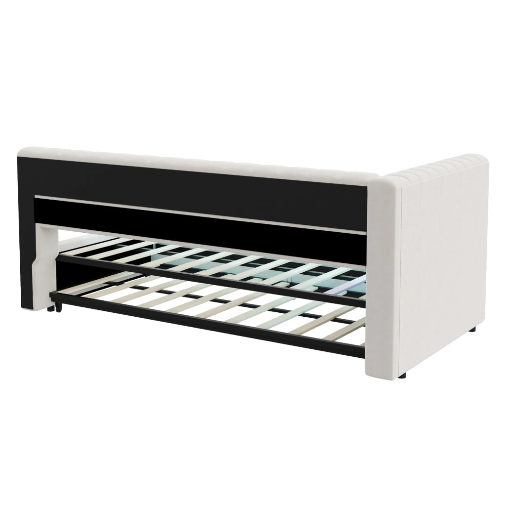 Letto imbottito estraibile 90x200 cm con LED, porte USB e tipo C, tessuto effetto velluto beige