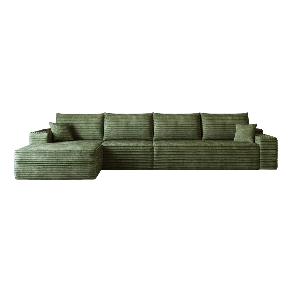 Divano angolare con chaise longue 340x175x83 cm in tessuto a coste verde