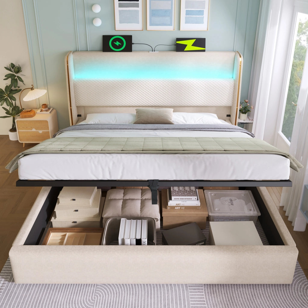 Letto matrimoniale contenitore idraulico per materasso 140x200 cm; LED; USB e Type-C; beige