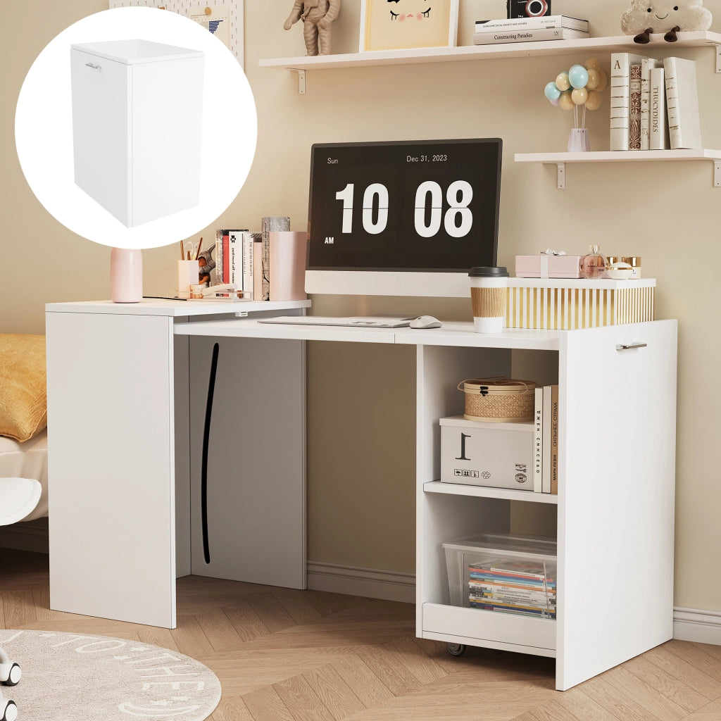 Scrivania Pieghevole Multifunzionale con Armadio ¨C MINIMAL ¨C Legno Bianco, 2 Vani, 126x55x75