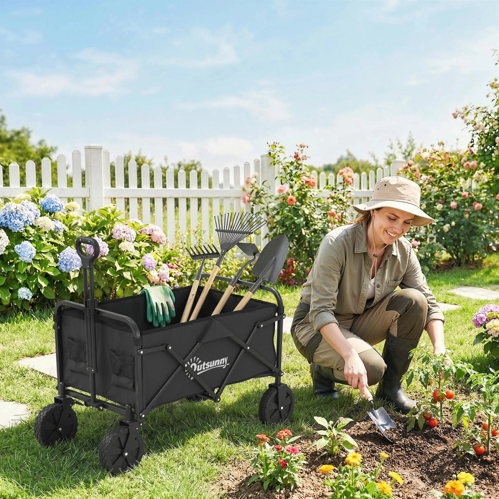 Carrello da Giardino Pieghevole con Ruote Bloccabili ¨C zephmum ¨C Nero 85x50x99 cm