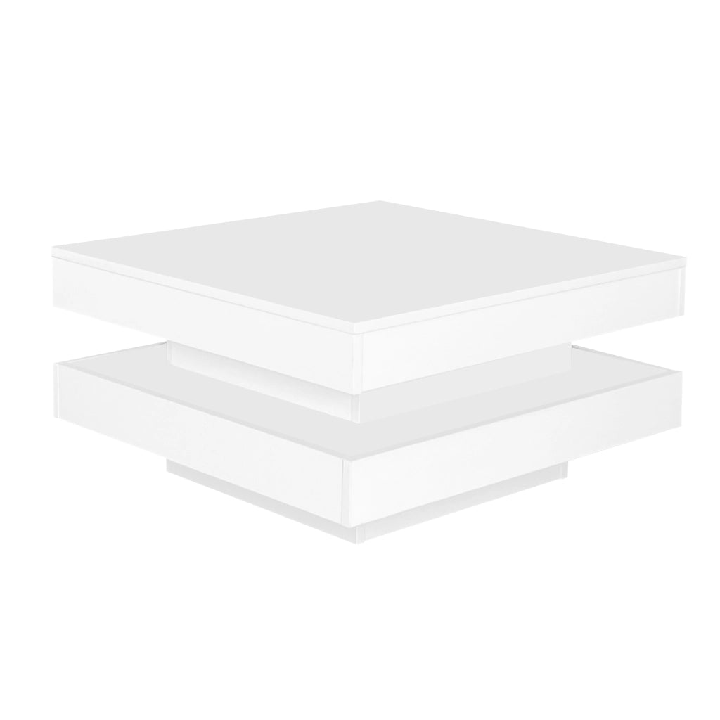 Tavolino basso quadrato lucido con piano girevole a 360° e LED, per soggiorno, bianco, 70 × 70 × 36 cm