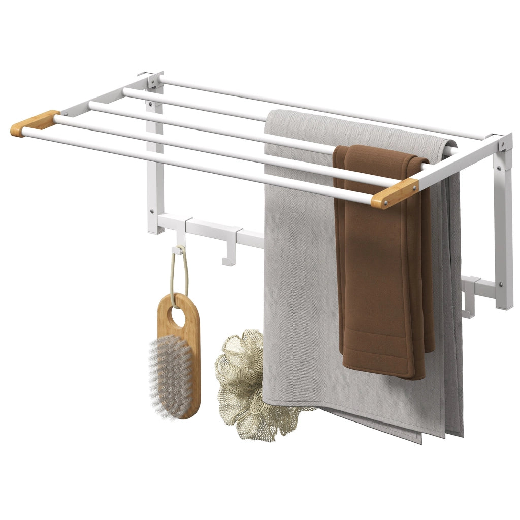 Portasciugamani a Parete Pieghevole con 5 Barre e 6 Ganci in Legno e Acciaio, 60x32.5x20 cm, Bianco