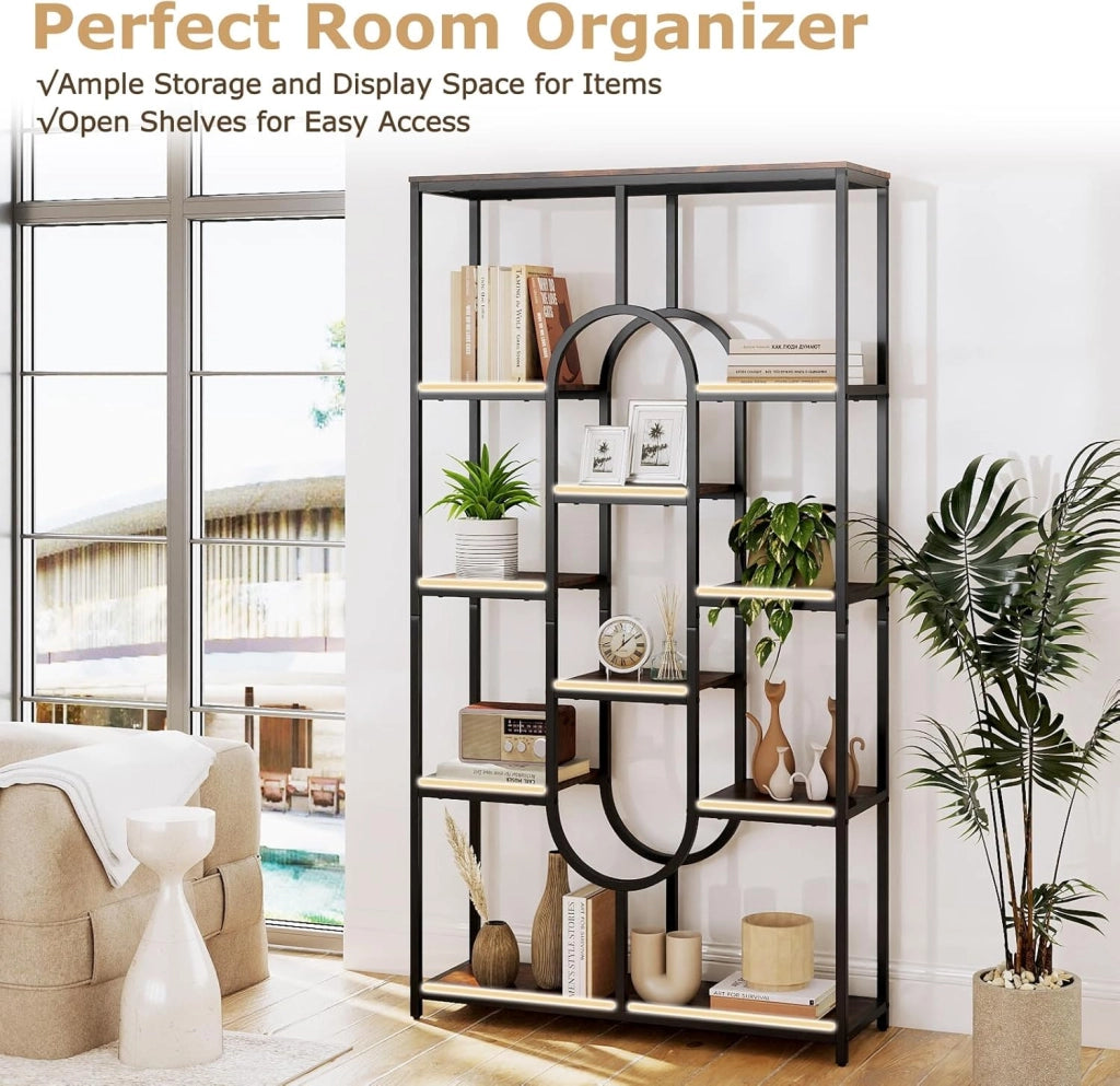 Libreria geometrica per carichi pesanti con telaio in metallo e protezione antiribaltamento, scaffale divisorio per libri, riviste e piante, 95 x 30 x 175 cm (marrone + nero)