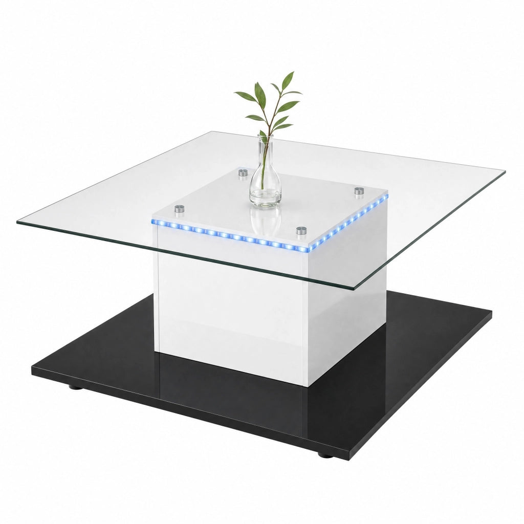 Tavolino da salotto moderno 80x80x40 cm con LED; vetro temperato; bianco e nero