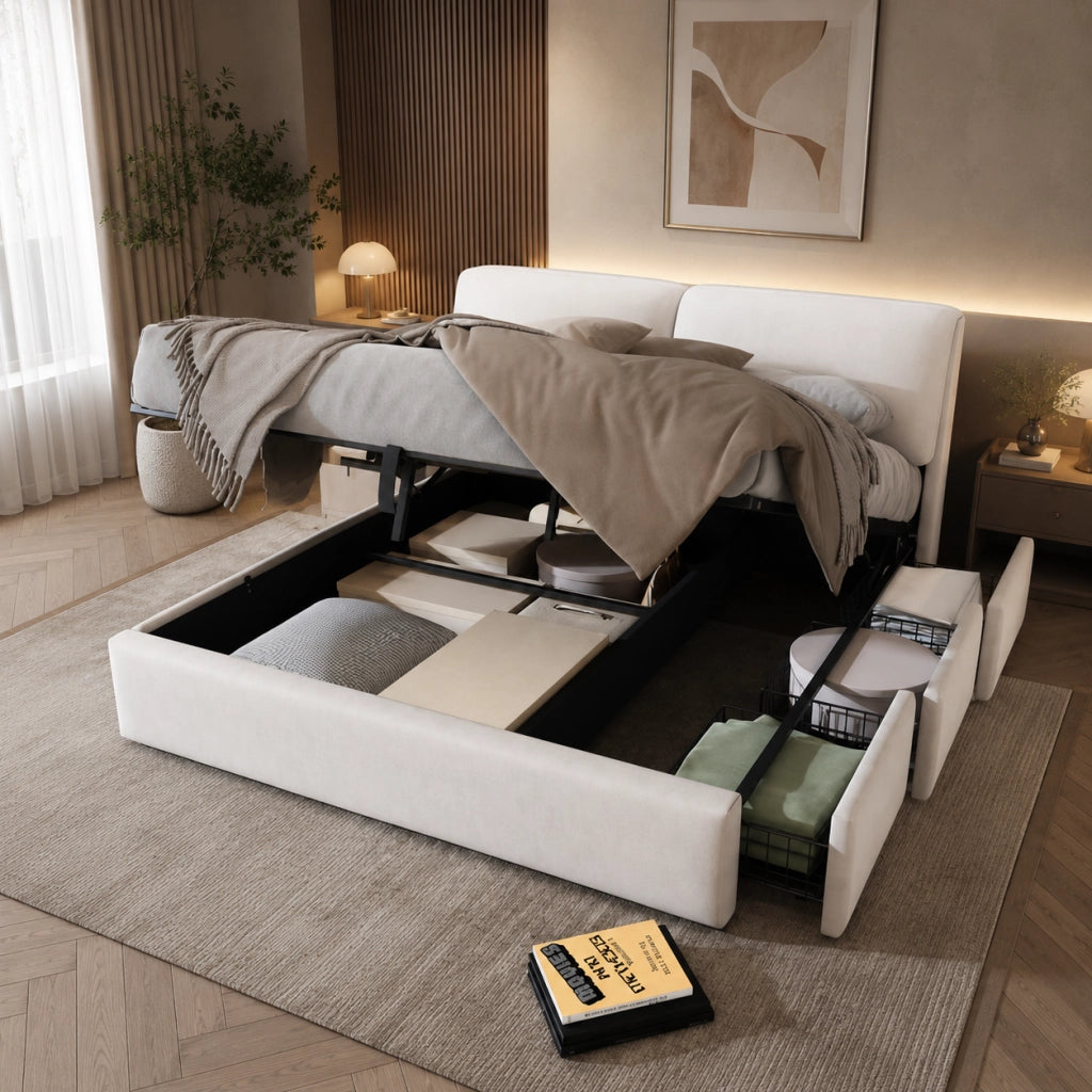 Letto contenitore 180x200 cm; matrimoniale con contenitore idraulico; 3 cassetti; rete a doghe e testiera; velluto; beige