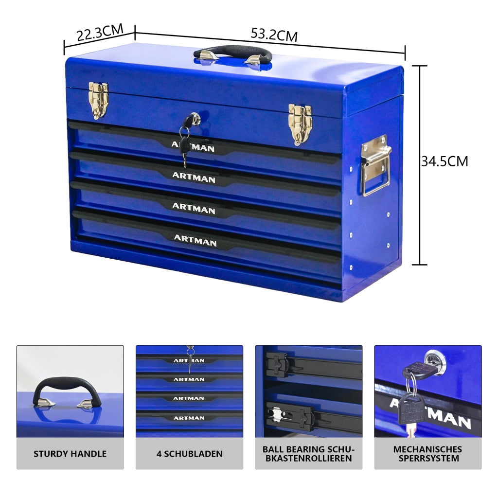 Scaffale in acciaio con 3 cassetti e vassoio superiore, serratura in metallo, per officina e garage, nero 60 × 29,5 × 42 cm