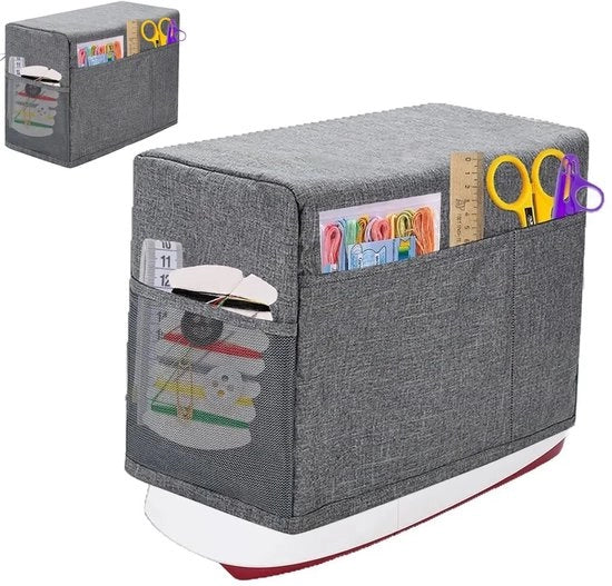 Custodia per macchina da cucire 2 in 1 con tas di stoccaggio e manico laterale - Copertura per macchina da cucire - Copertura per la maggior parte delle macchine da cucire standard - Gli strumenti non sono inclusi - Grigio - 44x30x21,5 cm