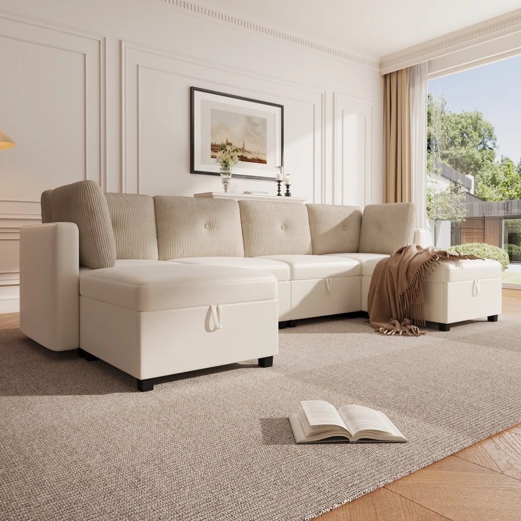 Divano panoramico modulare a U beige in velluto con contenitori e 6 cuscini in velluto a coste