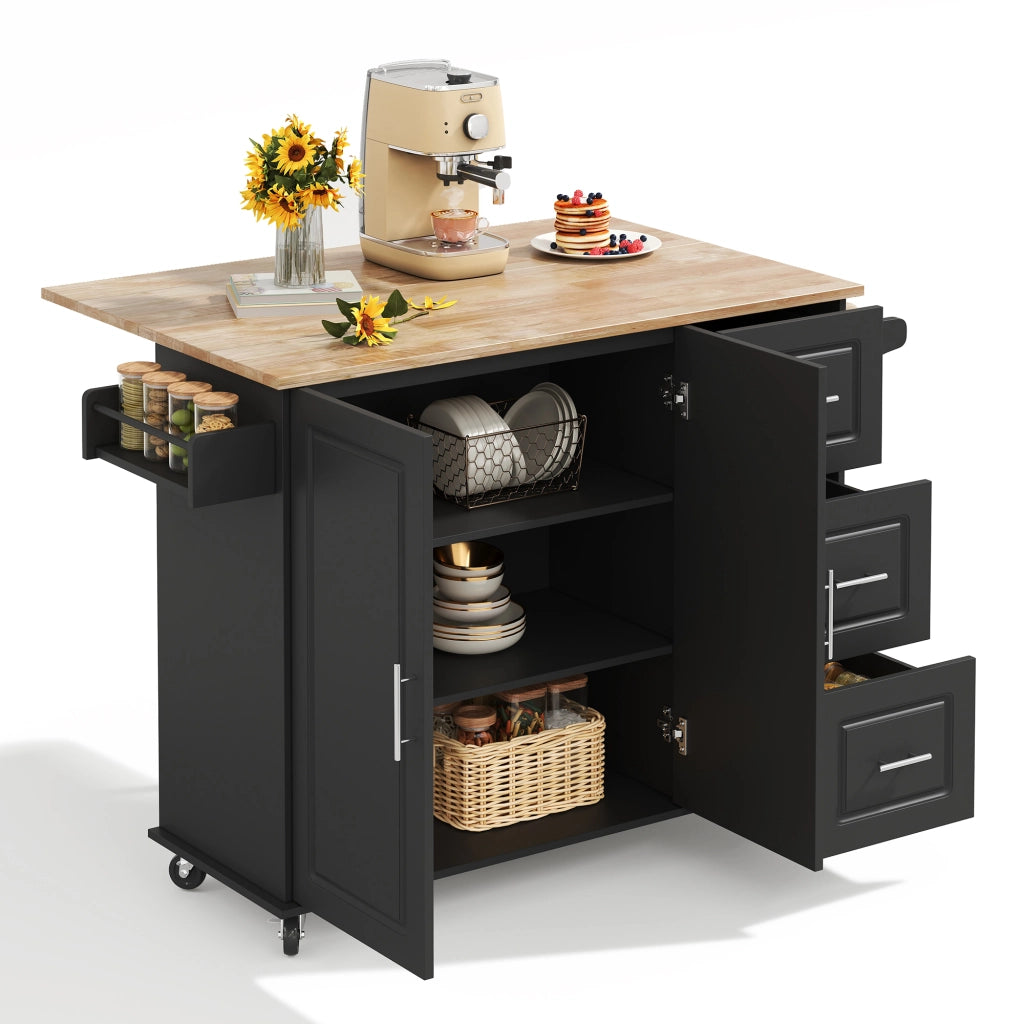 Isola da cucina mobile pieghevole con piano in effetto rovere, 3 cassetti, armadio a 2 ante e porta asciugamani, nero