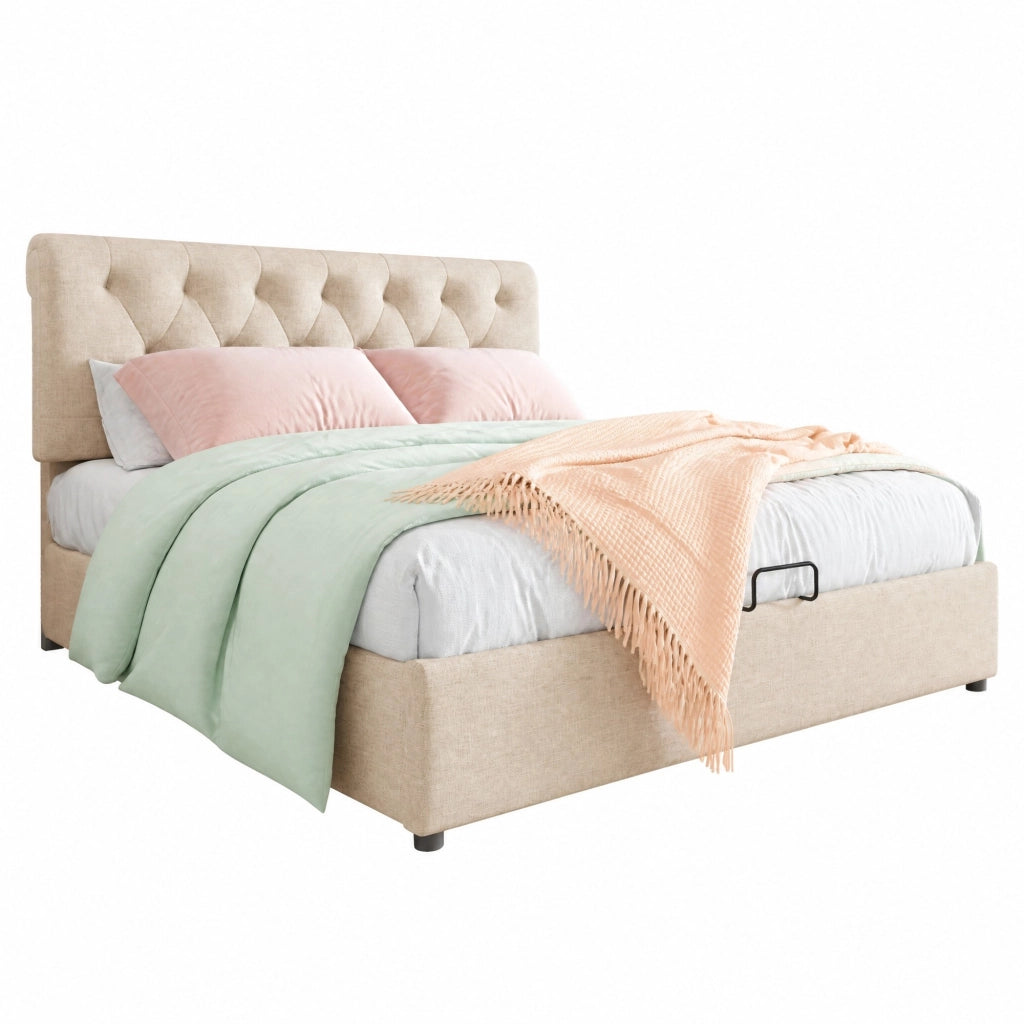 Letto imbottito 140x200 cm con contenitore, testiera regolabile e materasso incluso, colore naturale
