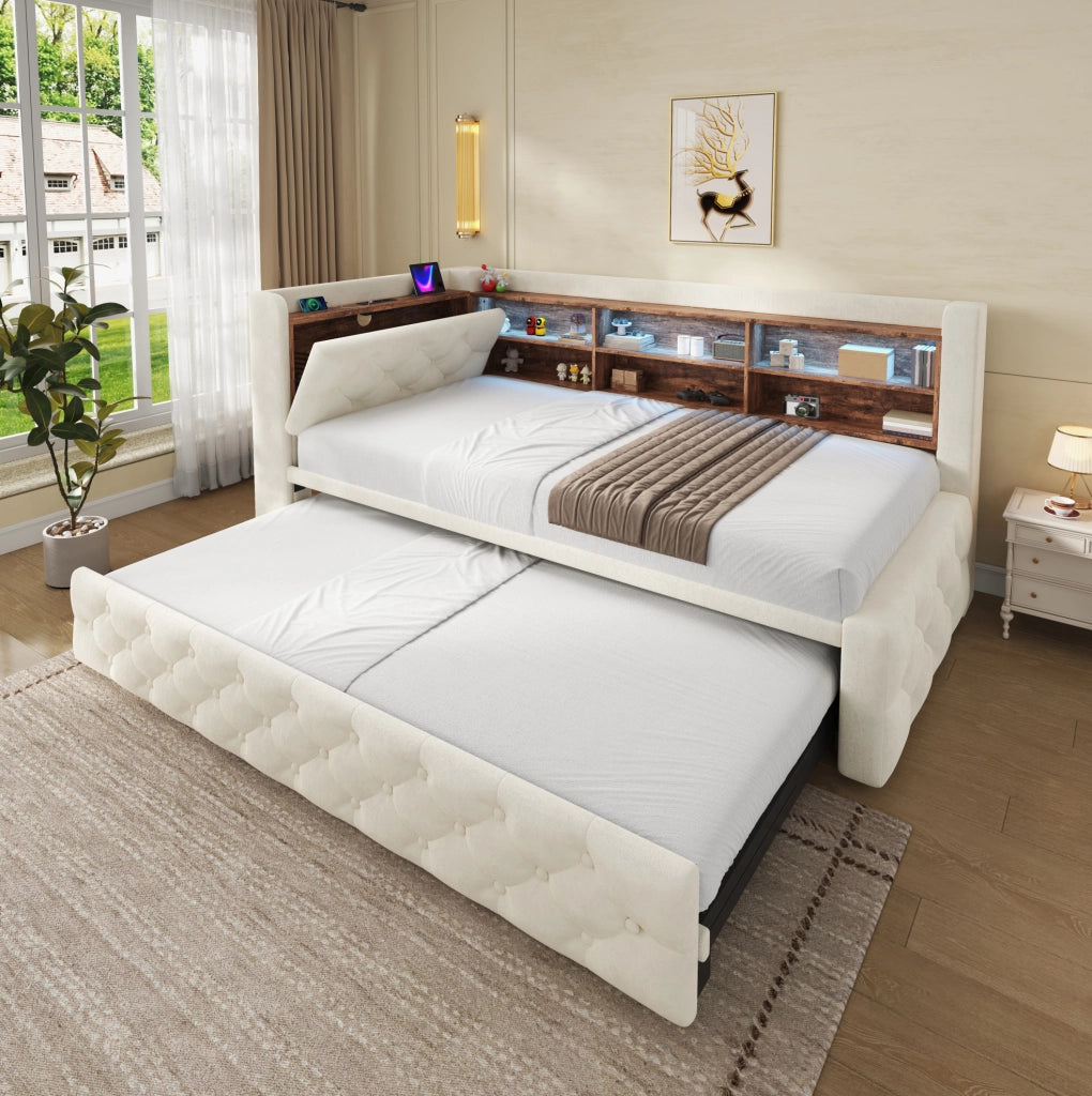 Divano letto 90x190 cm estraibile con contenitore; LED; USB e Type-C in velluto beige