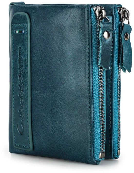 Portafoglio Uomo Corto - Materiale Pelle Vera con Doppia Cerniera e Custodia per Carta - Blu