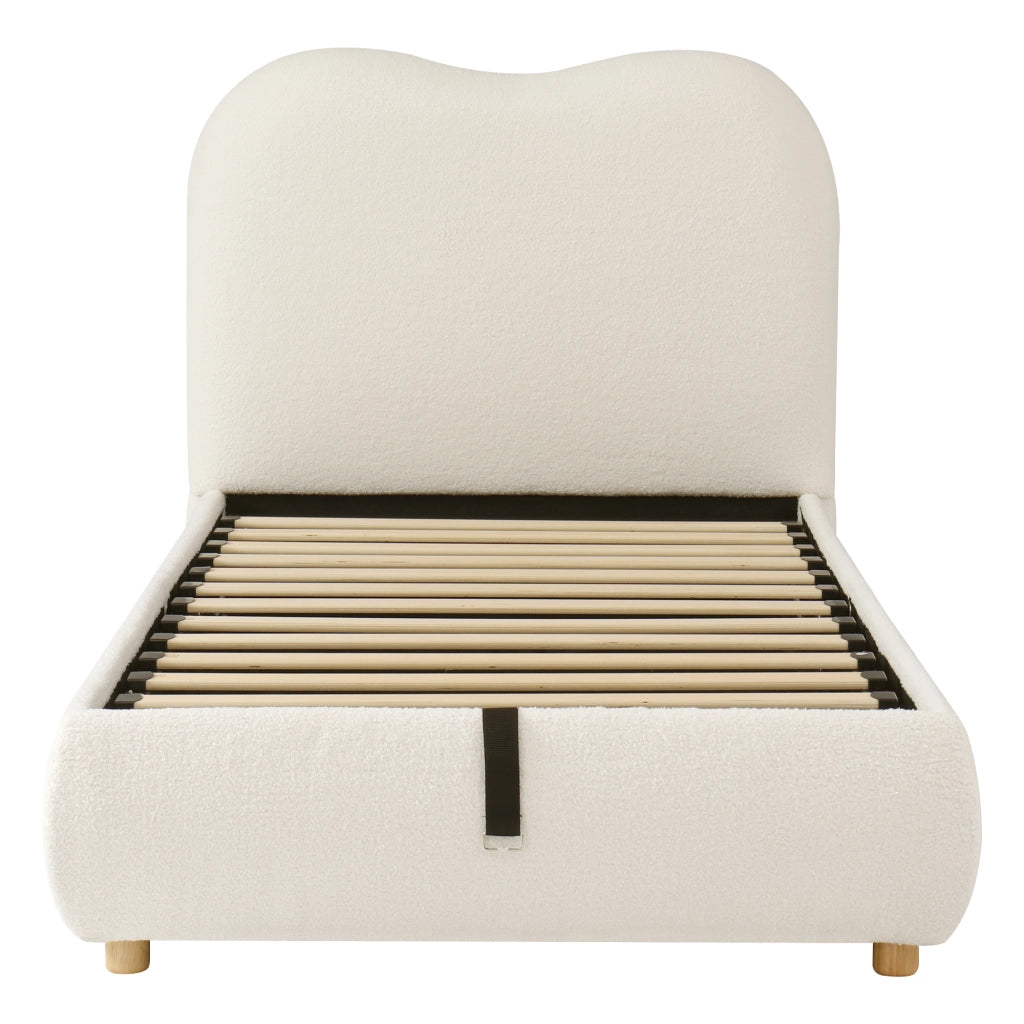 Letto imbottito per bambini 90x200 cm con contenitore idraulico, rete a doghe, testiera imbottita e rivestimento Bouclé beige