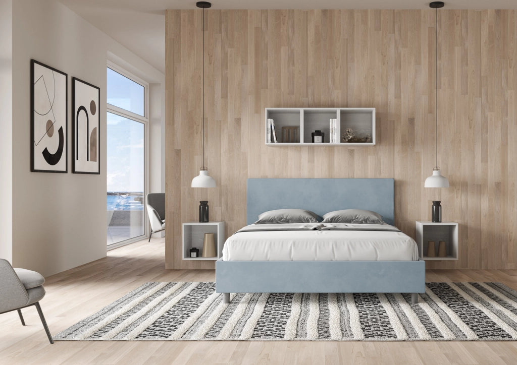 BS COM Letto queen size con rete imbottito 150x200 microfibra azzurro