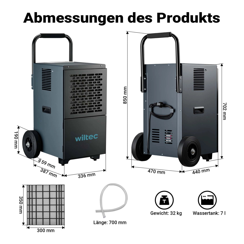 Deumidificatore industriale fino a 50 l/giorno, 650 W, asciugatura muri bagnati per grandi ambienti, max 130 m², serbatoio da 7 l, timer 24 ore