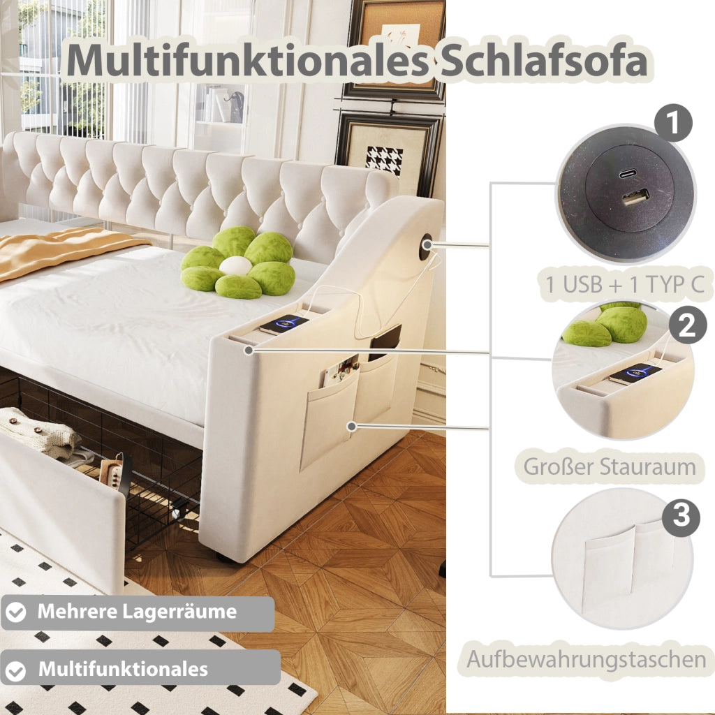 OKWISH Letto a Divano 90×190 cm, Letto Singolo con 2 Cassetti, USB, Tipo C, Vani Portaoggetti e Tasche, senza Materasso, Beige