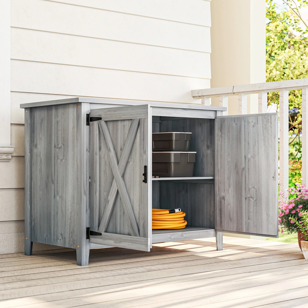 Armadio da giardino in legno con ripiani e doppie ante ¨C zephmum ¨C 110x60x88.5 cm grigio chiaro