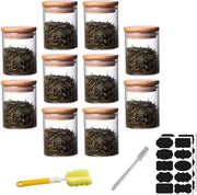 Set di contenitori in vetro a tenuta d'aria di 10 pezzi con coperchi in bambù per spezie/bone/polveri/zucchero/spaghetti (6,5 * 8 cm; 250 ml)