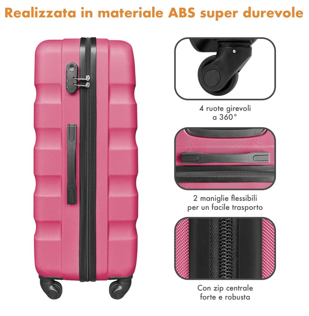 Set Di 3 Valigie Rigide ABS Valigia Da Viaggio Con Chiusura Lucchetto Combinazione Grande Media Piccola Forti Resistenti Manico Telescopico Trolley Borsa Vacanze Set Viaggio Treno Aereo Auto Fuxia
