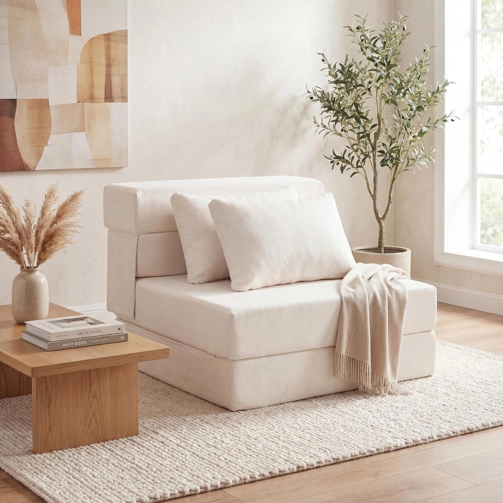 Divano Letto 2 Posti Pieghevole, 3 in 1 Divanetto Trasformabile con 2 Cuscini, Schiuma ad Alta Densità e Rivestimento in Tessuto Chenille, Poltrona Letto per Soggiorno (Beige,72 x 76 x 58 cm)
