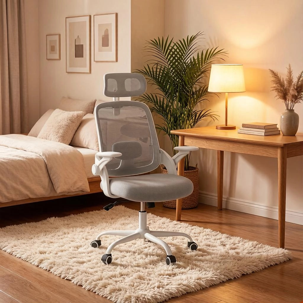 Sedia da ufficio ergonomica con schienale alto e braccioli 3D in rete e metallo grigio chiaro