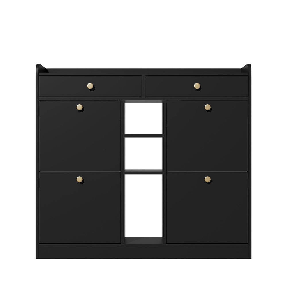 Armadio per scarpe elegante nero - Xylo - 110x26x100 cm - 4 ante, 2 cassetti, 3 scomparti aperti