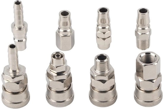 Set di collegamento rapido 1/4 pollici BSP - Accessori compressore d'aria - 8 pezzi - Montaggio semplice - Adatto per pompa d'aria - Duraturo e resistente.