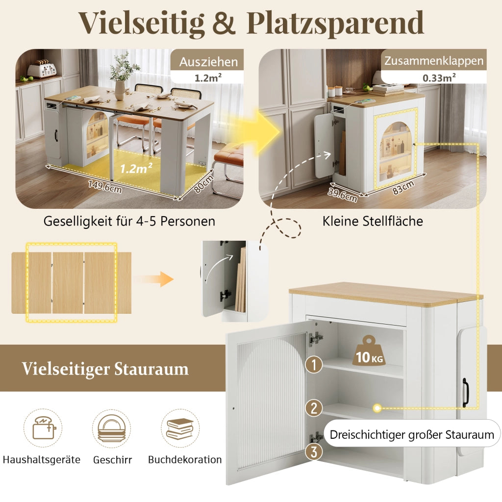 Tavolo da pranzo - isola cucina su ruote - piano estraibile e rimovibile - con prese - bianco - per cucina e sala